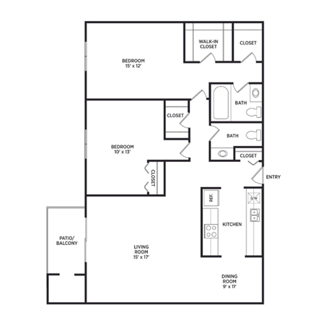 Floor plan for 2 beds, 1.5 baths, 1200 sqft